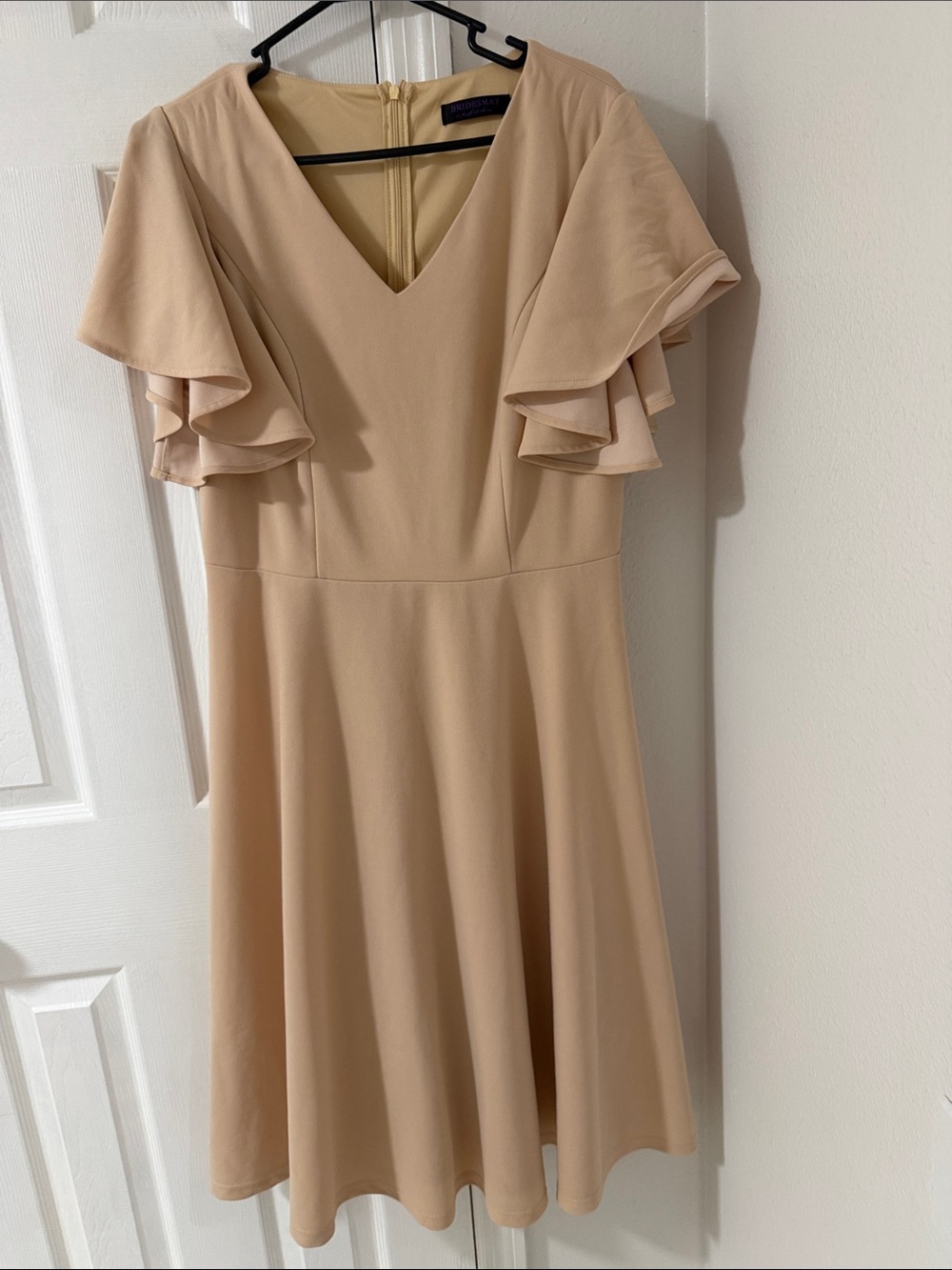 V-Neck Flutter Sleeve Midi Dress in Soft Beige